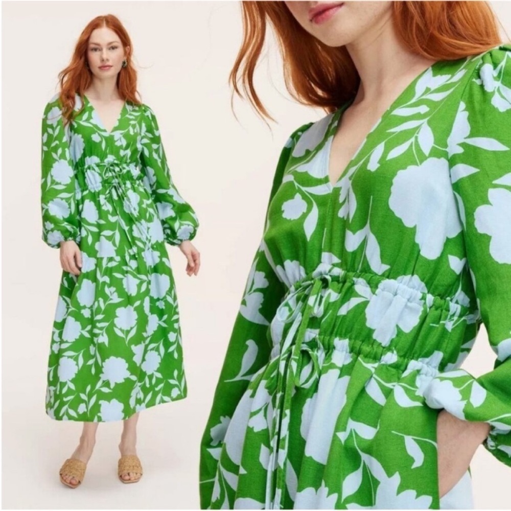 Kate Spade x Target NWT Classic Rose Linen Long Sleeve Maxi in Green Blue XXS